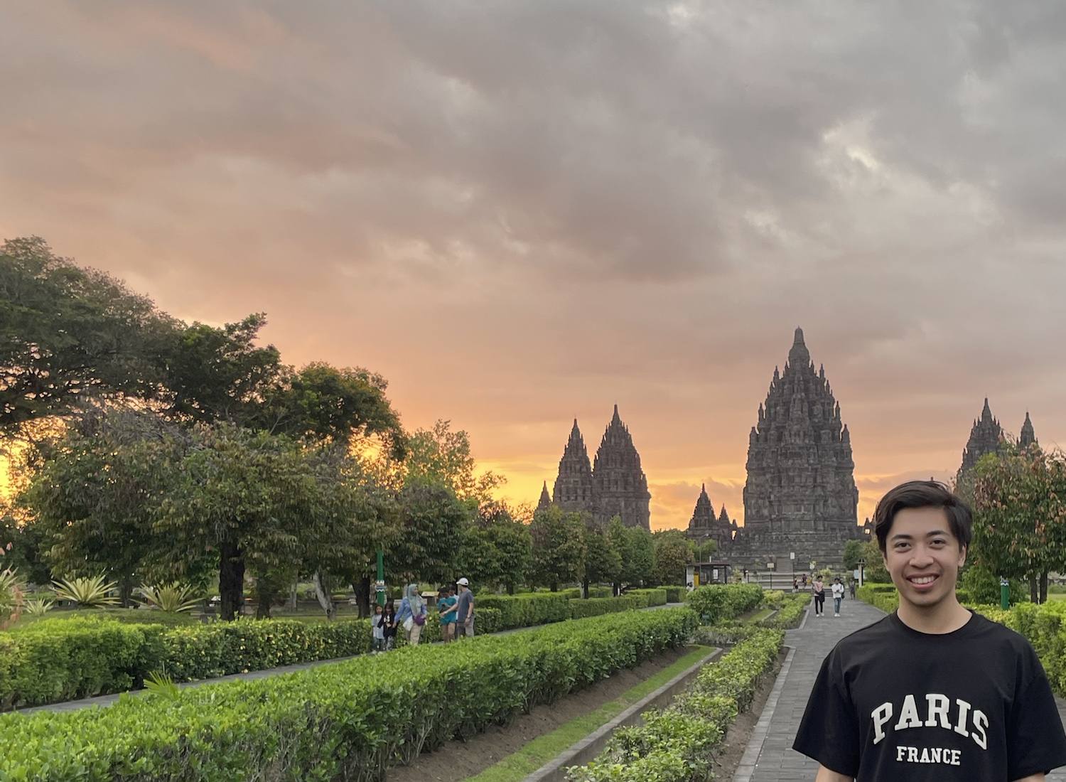 Michael at Prambanan temple in Indonesia at sunset