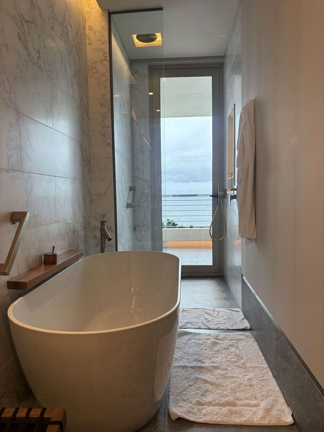The shower and tub look straight out at the ocean