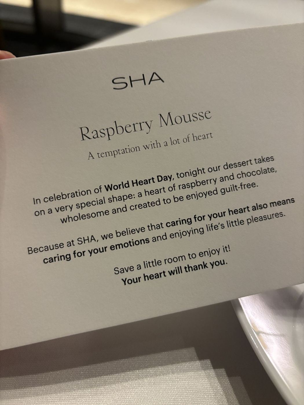 The card that came with the World Heart Day dessert